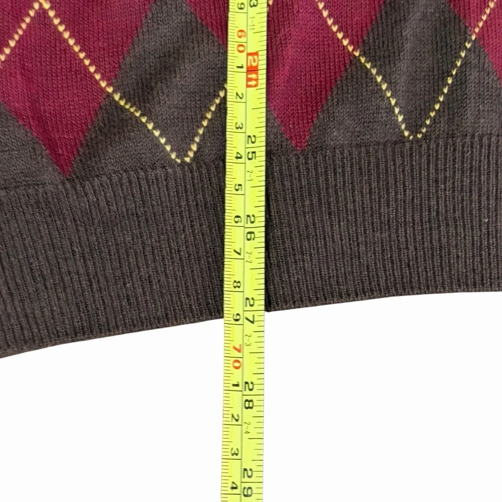 T. Harris London Men's V-neck Argyle Sweater‎ Red & Brown Size L Made In Italy